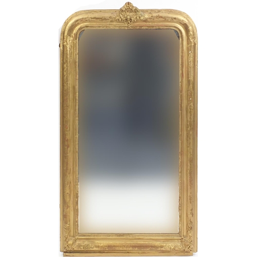 58 - Victorian gilt framed pier mirror with shell crest, 135cm x 80cm
