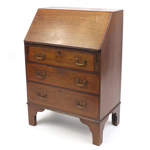 44 - Edwardian inlaid mahogany bureau fitted with a fall above three drawers, 100cm H x 68cm W x 41cm D