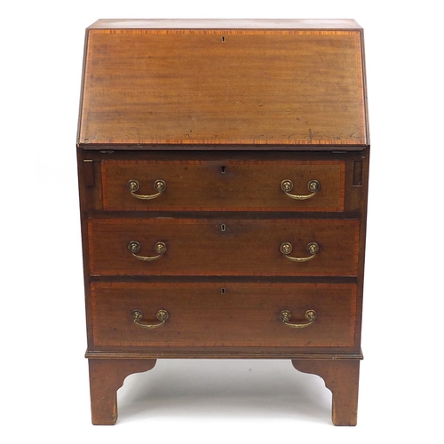 44 - Edwardian inlaid mahogany bureau fitted with a fall above three drawers, 100cm H x 68cm W x 41cm D