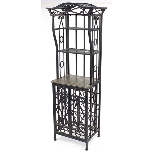 34 - Wrought iron wine rack with a marble shelf, 171cm high