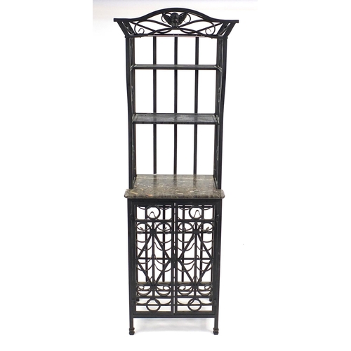 34 - Wrought iron wine rack with a marble shelf, 171cm high