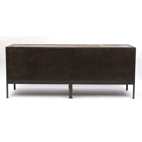 2026 - Industrial metal side cabinet with four riveted panelled doors, 77cm H x 193cm W x 51cm D