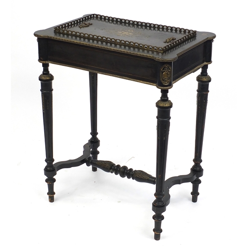 2031 - Victorian ebonised stand with ormolu gallery and mounts, 77cm H x 61cm W x 41cm D