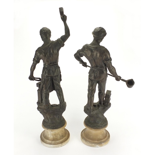 2059 - Pair of Spelter figures of workmen raised on marble bases, , the largest 65cm high