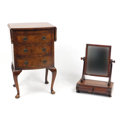 33 - Three drawer bow front drop leaf bedside chest, together with a mahogany toilet mirror