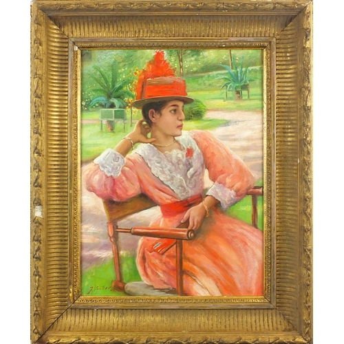 24 - Lady on a bench in a park, Italian school oil onto board, bearing a signature J Solier, framed, 39cm... 