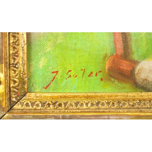 24 - Lady on a bench in a park, Italian school oil onto board, bearing a signature J Solier, framed, 39cm... 