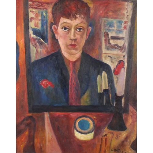 56 - Portrait of a man in a mirror, modern British oil onto board, bearing a signature H Speed, label ver... 