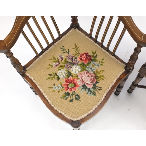 3 - Pair of inlaid mahogany corner chairs with floral needle work seats, 74cm high