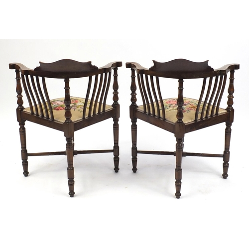 3 - Pair of inlaid mahogany corner chairs with floral needle work seats, 74cm high