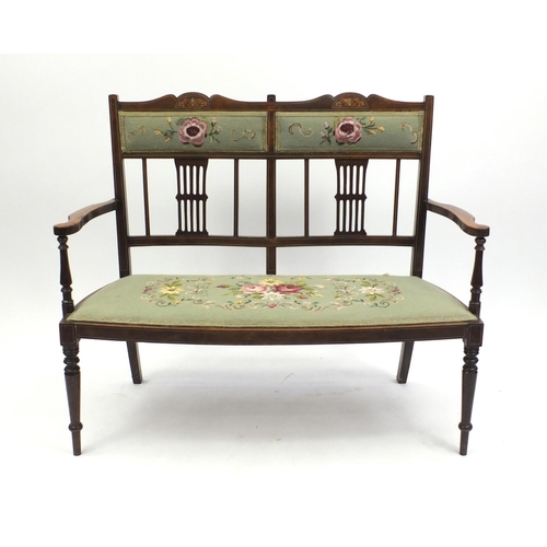 1 - Edwardian inlaid mahogany two seater bench with floral needlework upholstery, 91cm high x 108cm wide