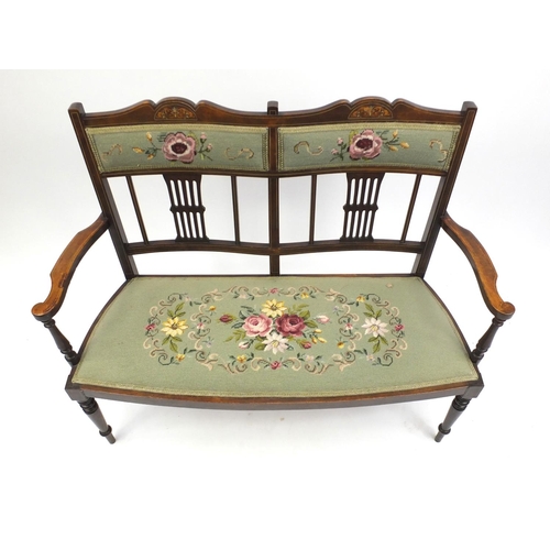 1 - Edwardian inlaid mahogany two seater bench with floral needlework upholstery, 91cm high x 108cm wide