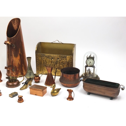 209 - Quantity of copper and brassware to include coal scuttle, various brush pans, trays, an oil lamp wit... 