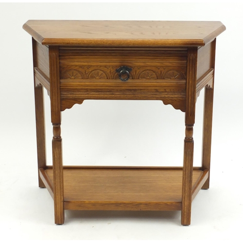 17 - Oak credence table with carved frieze drawer and under tier, 72cm H x 79cm W x 37cm D