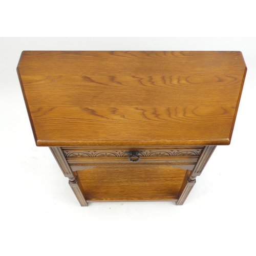 17 - Oak credence table with carved frieze drawer and under tier, 72cm H x 79cm W x 37cm D