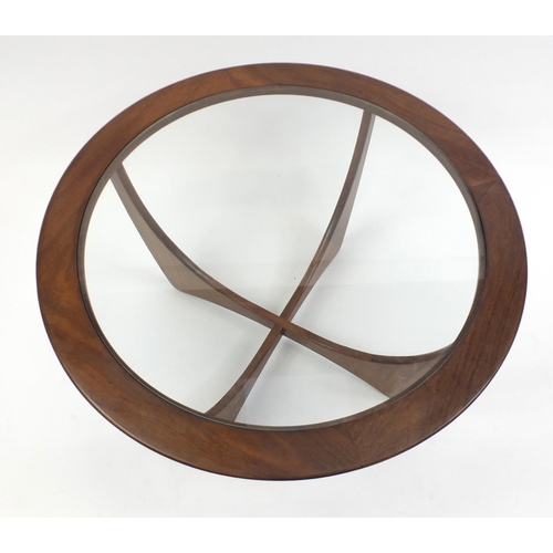 36 - Circular G-Plan teak coffee table with inset glass top, 45cn high x 83cmi diameter