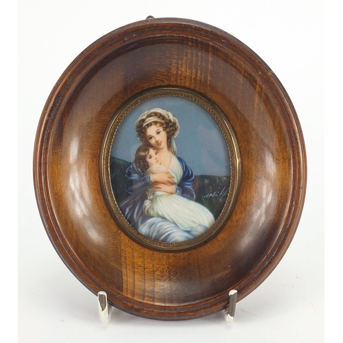 470 - Oval hand painted portrait miniature of a mother and child, framed, 6cm x 5cm