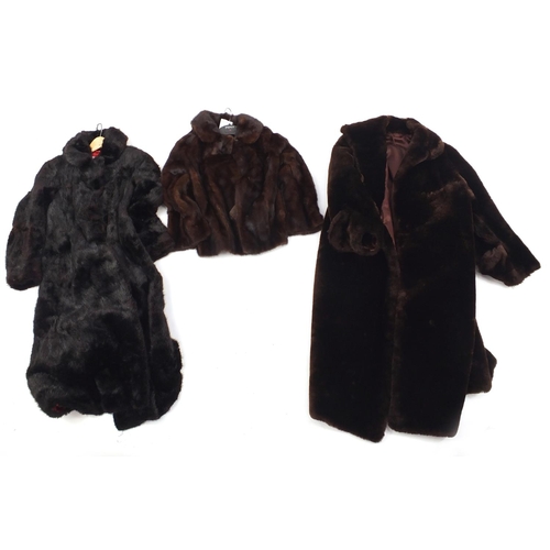 232 - Quantity of fur coats and stoles including a simulated fur coat with Selfridges label