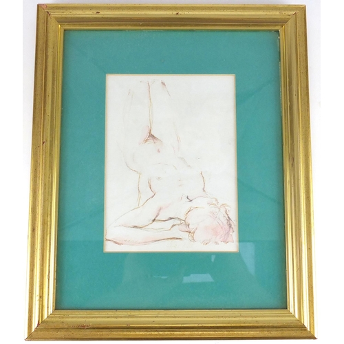 471 - Reclining nude female, watercolour onto card bearing an indistinct signature Ellis, mounted and fram... 