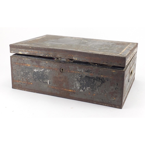 709 - Military interest writing box with inset brass handles, the lift out tray with two inkwells