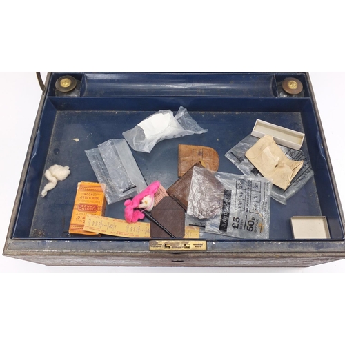 709 - Military interest writing box with inset brass handles, the lift out tray with two inkwells