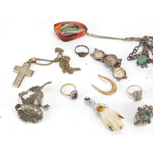 234 - Assorted jewellery including gold coloured metal earrings, silver brooches and a coin bracelet