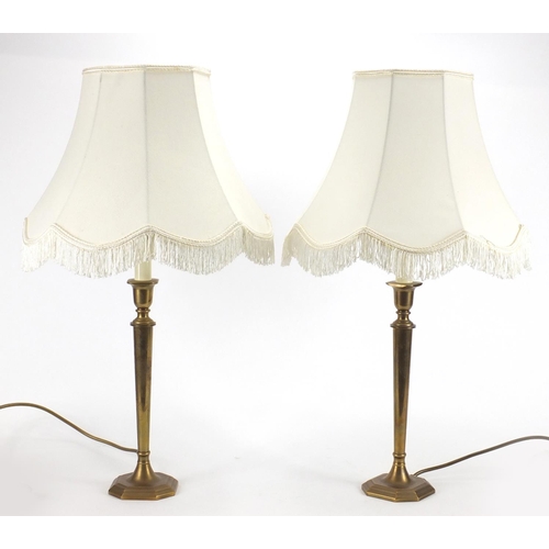 478 - Pair of brass table lamps with shades, 60cm high