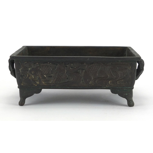 477 - Chinese rectangular bronze planter with twin handles, cast with panels of goldfish, 8cm H x 21.5cm W... 