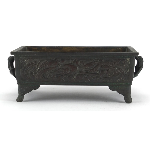 477 - Chinese rectangular bronze planter with twin handles, cast with panels of goldfish, 8cm H x 21.5cm W... 