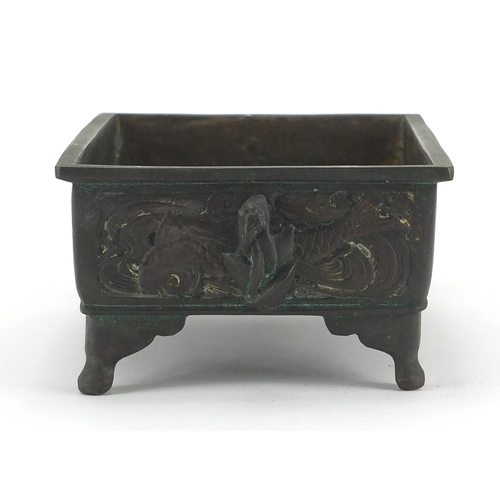 477 - Chinese rectangular bronze planter with twin handles, cast with panels of goldfish, 8cm H x 21.5cm W... 