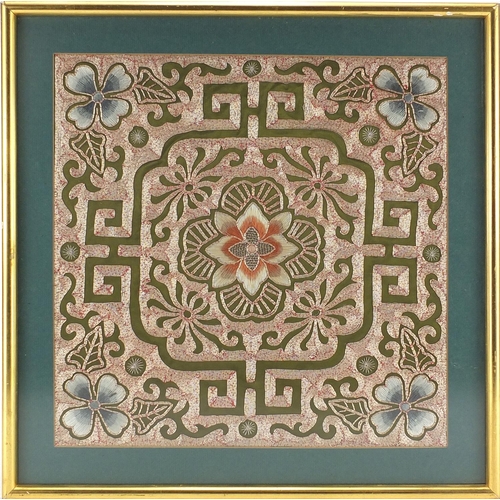 541 - Square Chinese silk panel finely embroidered with flower heads, mounted and framed, 29cm x 29cm