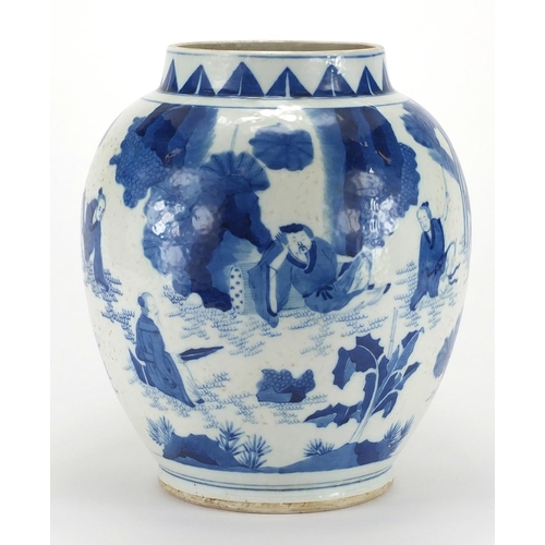 438 - Chinese blue and white porcelain vase hand painted with figures in a palace setting, 27.5cm high
