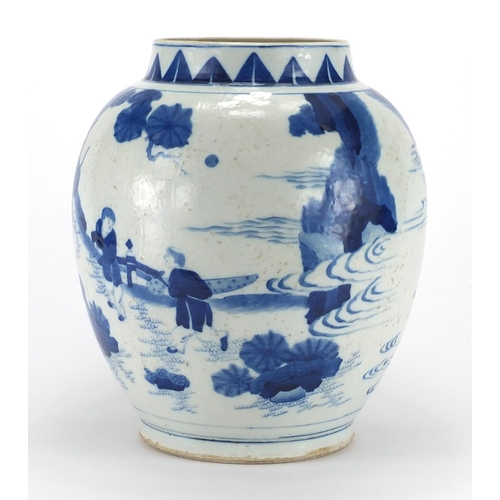438 - Chinese blue and white porcelain vase hand painted with figures in a palace setting, 27.5cm high