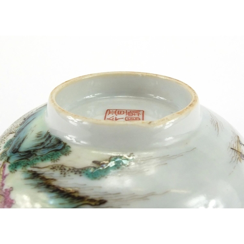 420 - Chinese porcelain bowl, hand painted in the famille rose palette with a continuous river landscape, ... 