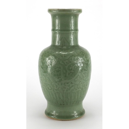458 - Chinese porcelain celadon glazed vase, decorated under glaze with dragons amongst foliage, 32.5cm hi... 