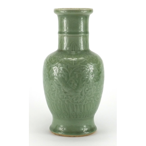458 - Chinese porcelain celadon glazed vase, decorated under glaze with dragons amongst foliage, 32.5cm hi... 