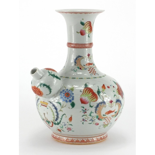 423 - Chinese porcelain wine vase hand painted in the famille rose palette with flowers, goldfish and bird... 