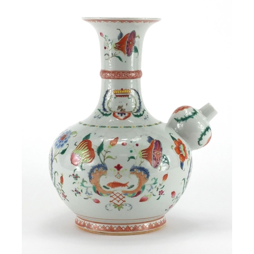 423 - Chinese porcelain wine vase hand painted in the famille rose palette with flowers, goldfish and bird... 