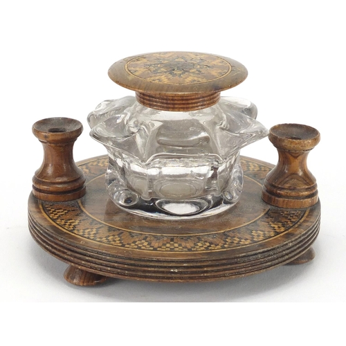 26 - Victorian Tunbridge ware desk inkwell with micro mosaic floral inlay, 7cm high