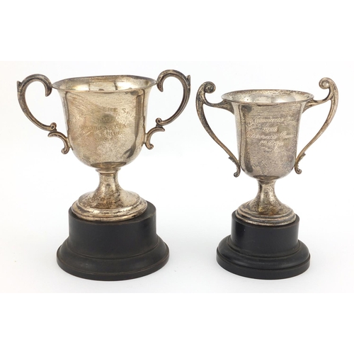 749 - Two Equestrian interest silver twin handled trophies, Sheffield and London hallmarks, the largest 13... 