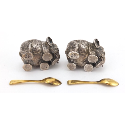 721 - Pair of novelty silver elephant salts, retailed by Fasano, each 4.5cm in length, with fitted box, ap... 