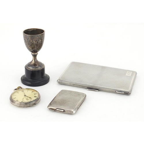 767 - Silver items comprising cigarette case with engine turned decoration, vesta with engine turned decor... 