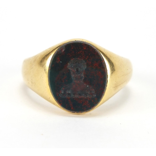 861 - 18ct gold bloodstone Intaglio seal ring, size Q, approximate weight 9.7g