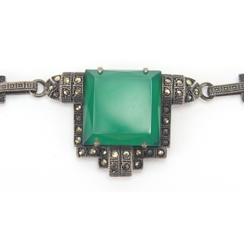 902 - Art Deco silver marcasite necklace with green and black glass panels, 34cm in length, approximate we... 