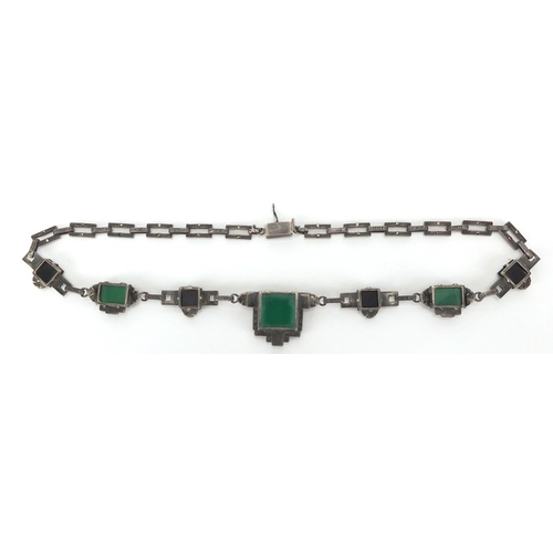 902 - Art Deco silver marcasite necklace with green and black glass panels, 34cm in length, approximate we... 