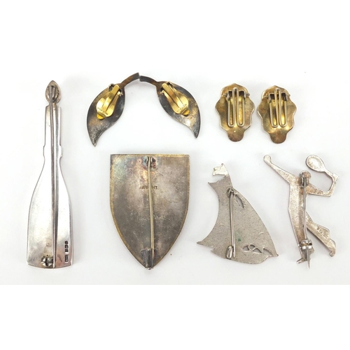 898 - Silver and enamel jewellery including a pair of David Anderson earrings, champagne bottle brooch and... 