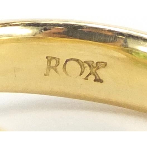 794 - 18ct gold and Peridot ring, size N, with Rox gems and jewellery insurance valuation approximate weig... 