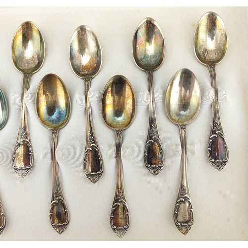 782 - Set of twelve 800 grade Italian silver teaspoons with fitted case, 10.5cm in length, approximate wei... 