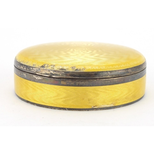 6 - Circular silver and yellow guilloche enamel box with hinged lid, C & C 925 import mark, 6cm in diame... 