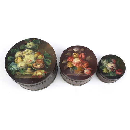 2121 - Nest of three hand painted circular hat boxes, the largest 20cm high x 34.5cm in diameter